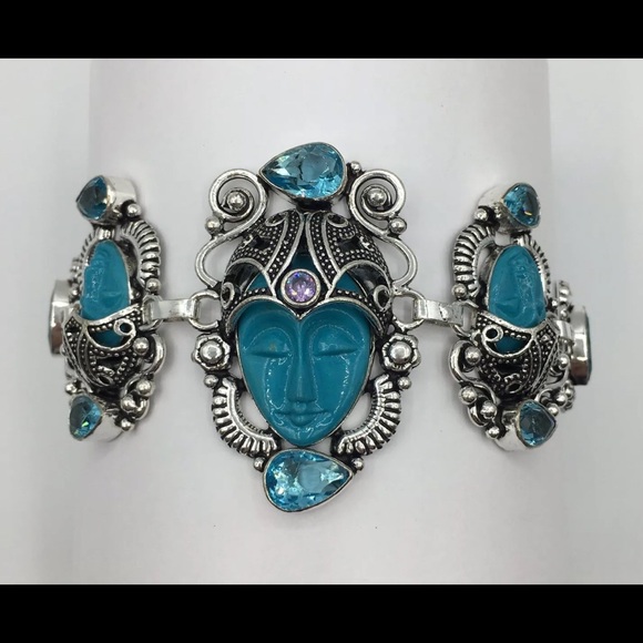 Handmade In India Jewelry - Blue Balinese Face Bracelet Blue & Purple Quartz.